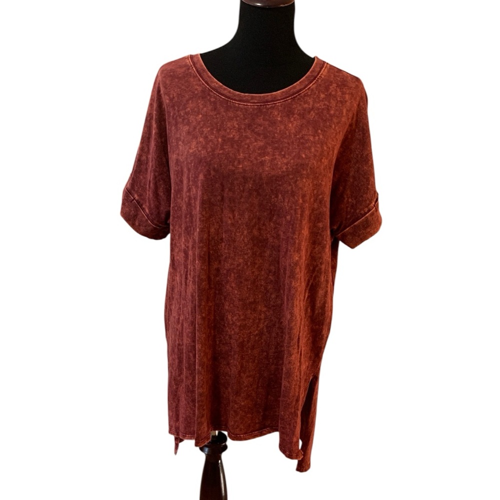 Zenana Rust Mineral Wash Short Sleeved Oversized High Low Tee Women’s Large